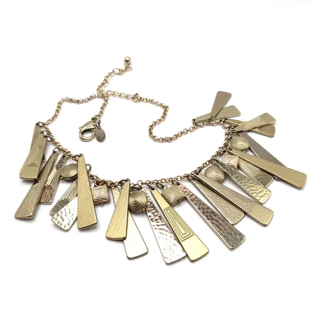 Chico's Gold Metal Fringe Necklace, Swirled Charm Accents, 18 1/2